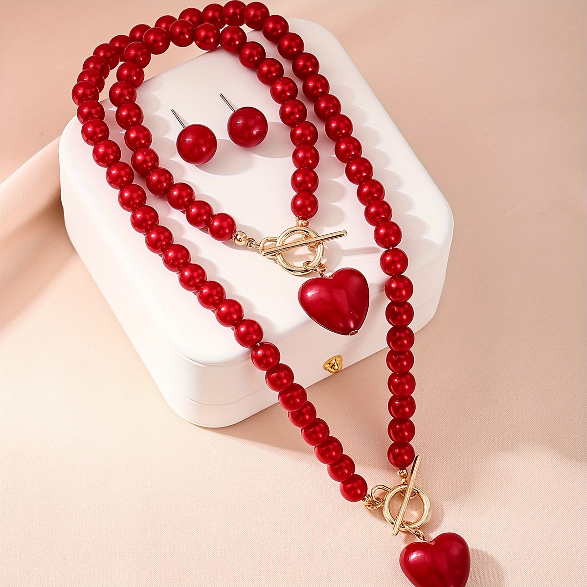 TEMU Un conjunto de joyería para mujer, estilo retro, perlas de , colgante de , hebilla OT, collar con cuentas, aretes, juego de aretes de botón,