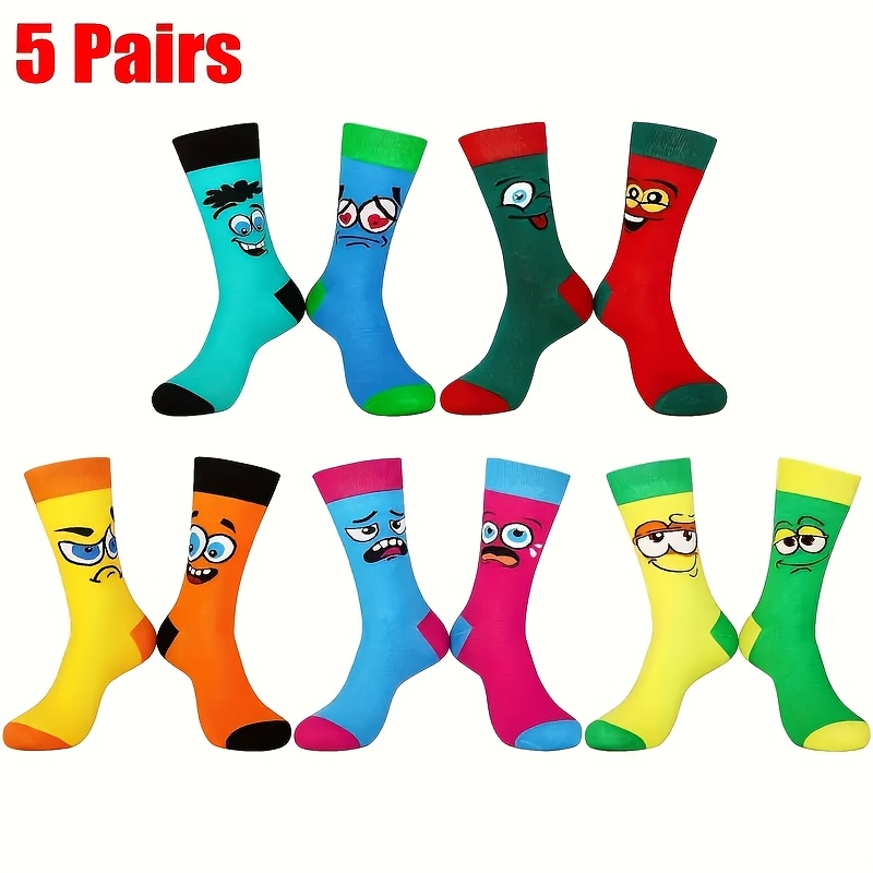 

5 Pairs Unisex Cartoon Face Long Tube Socks, Fun Novelty Casual Crew Length, Polyester 100%, Knit Fabric, Hand Wash/, For Men, Women, And Teens