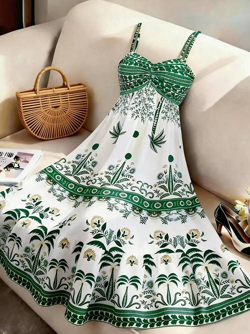 womens printed spaghetti strap a line dress elegant casual vacation fashion date vintage all match spring summer new sleeveless thin strap cami dress womens dress ladies elegant dress womens summer dress