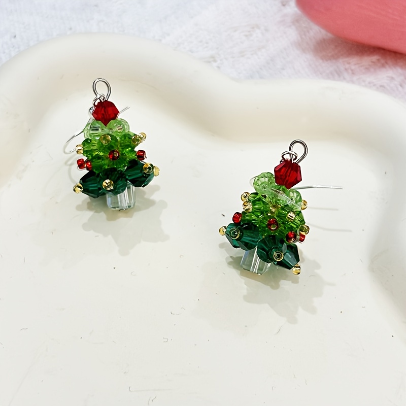 Hand Beaded 3D Christmas Tree Earrings with Crystals