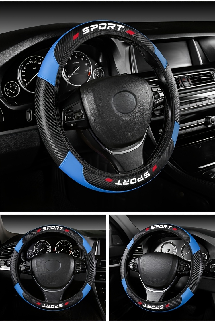 Funda para Volante de PU con Costuras de Imitación de Cuero de Fibra de Carbono, Adecuada para Volantes de Coche de 15 Pulgadas, Universal para Cuatro Secciones