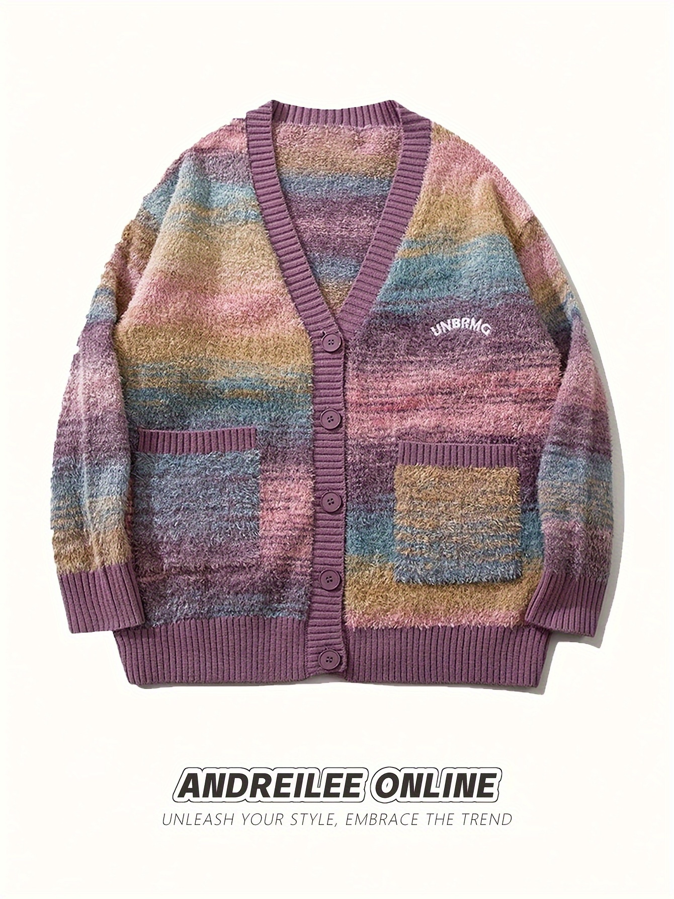 men's loose unbrmg print colorful striped knitted cardigan