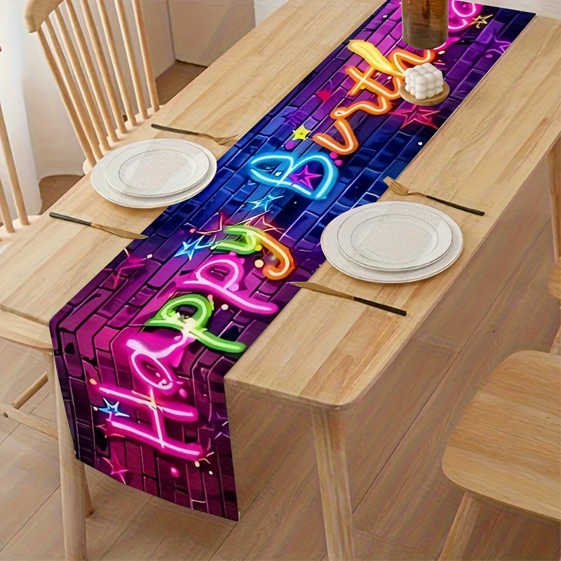 TEMU Nappe de Table " Anniversaire" Lueur Néon - Rose, avec " Anniversaire", Décorations Étoiles et Ballons Colorés, en Durable, Adaptée pour