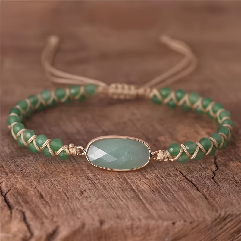 

-chic Green Beaded Bracelet With Tassel - Elegant Natural Stone Charm, Everyday & Vacation Wear