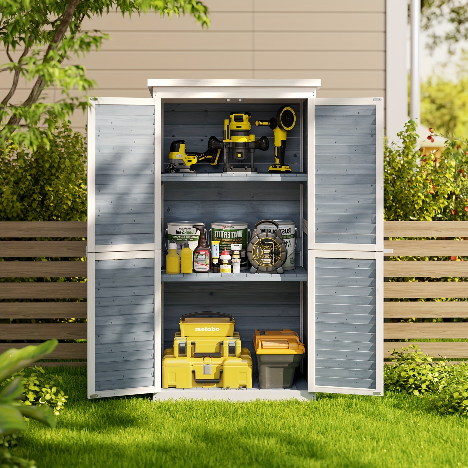 

Outdoor Storage Cabinet With 3 Shelves, Double Lockable Wooden Garden Shed With Waterproof Roof, Outside Vertical Tall Tool Shed For Yard Patio Lawn Deck-grey
