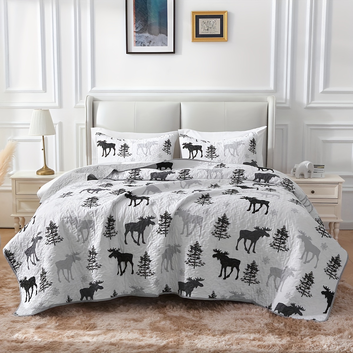 

3pcs Set Of Large/extra Large Quilts With 2 Pillowcases. 3pcs Reversible Four-season Quilt Set. Country Style Quilt And Bedspread Set. Series Elk - Gray