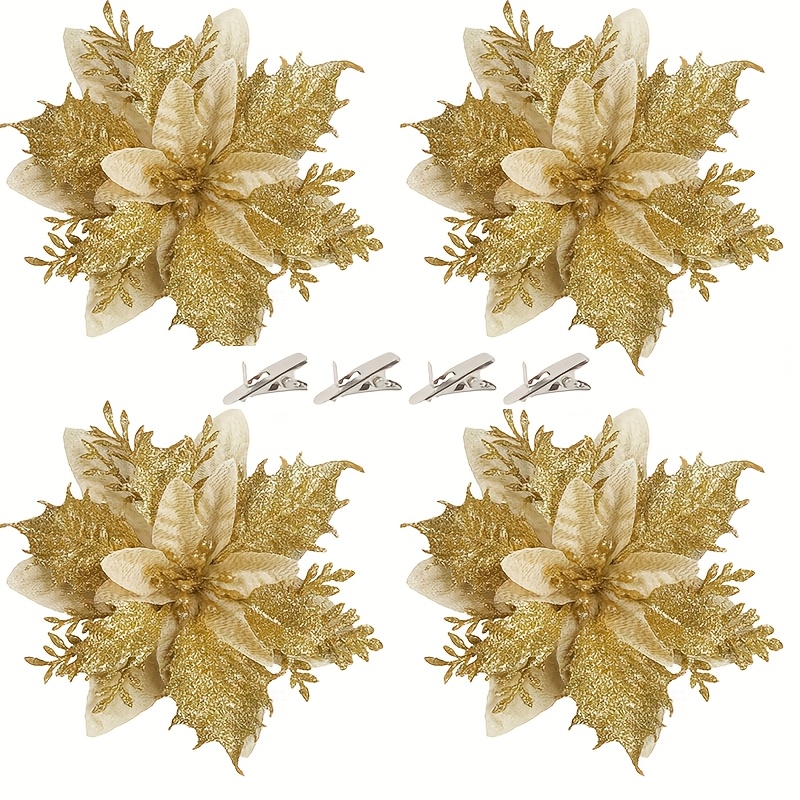 TEMU Set da 10 pezzi di nuovi fiori natalizi con clip, fiori decorativi per natalizia, ornamenti per albero di Natale, 5 fiori + 5 clip