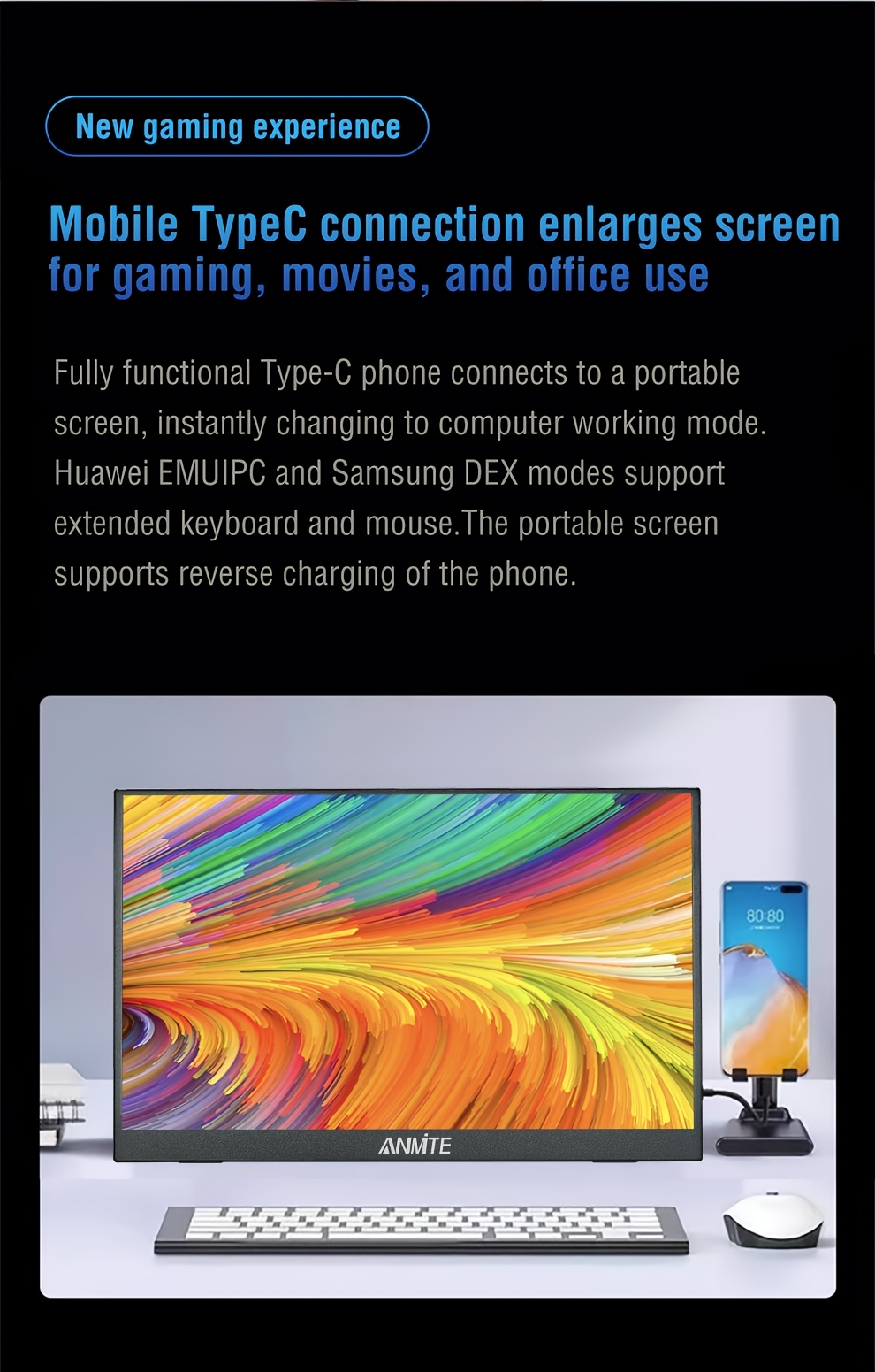 Monitor Portátil Anmite de 16 Pulgadas con Luz Azul Baja, 350 Nits, HDR 1200P, Relación 16:10, Ideal para Xbox/Ps5/Switch/Teléfonos Móviles/Computadoras/Laptops para Expansión