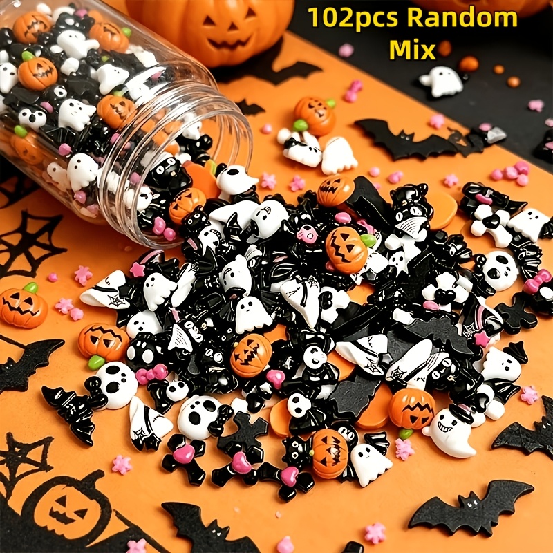 TEMU 204pz/102pz/51pz Mix Casuale Nuove Decorazioni Miste in Resina Qualit� per Halloween, Inclusi Ciondoli con Retro Piatto a Forma di , Zucca,