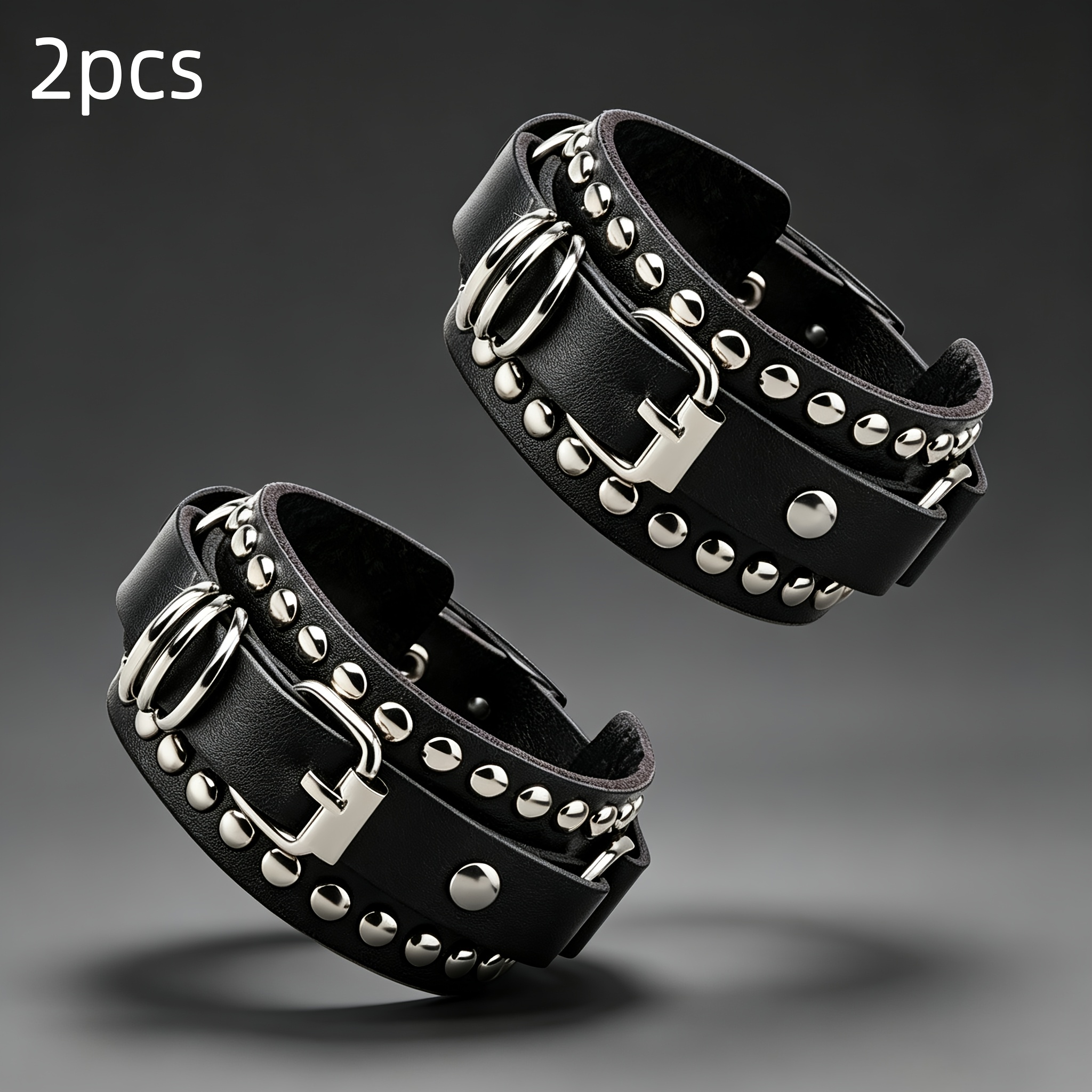 TEMU 2pcs Gothic Punk Studded O-ring Wide Wrist Cuff Set, Black Faux Leather Adjustable Layered Bracelets, Biker Rock Statement Jewelry For Halloween