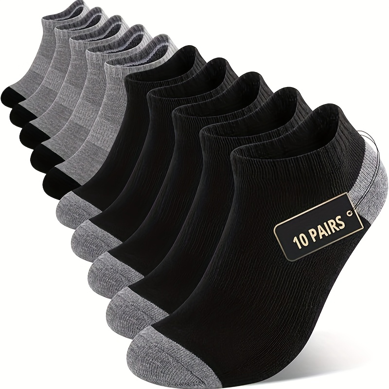 

10pcs Men's Cushioned Athletic Ankle Socks - Breathable, Sweat-wicking Polyester With Arch Support, Black & Gray With "10 Pairs" Label For Running & Sports