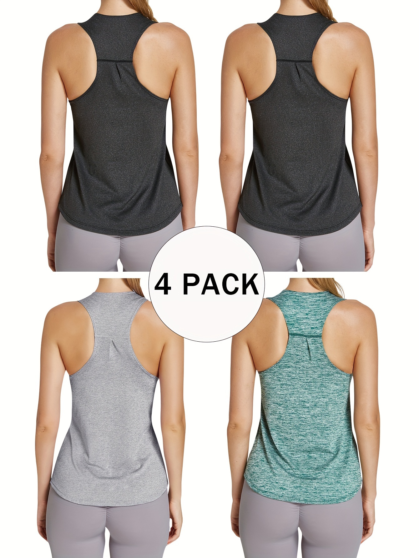 4pcs Women's Quick-Dry Workout Tank Tops - Sleeveless Racerback Yoga Tops with Medium Stretch, Round Neck Activewear for Gym, Training & Casual Wear, 4 Solid Colors (Pink/Black/Dark Grey/Light Teal), Workout Clothes, Gym Apparel, Sleeveless Design, Durable Sportswear
