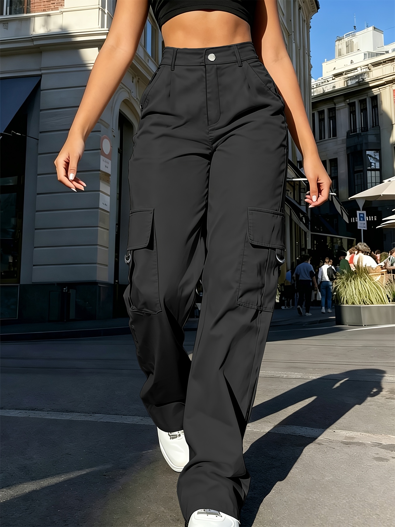 womens high waisted cargo pants black straight leg multi pocket casual trousers street style versatile wide leg pants yoga pants suitable for   womens clothing