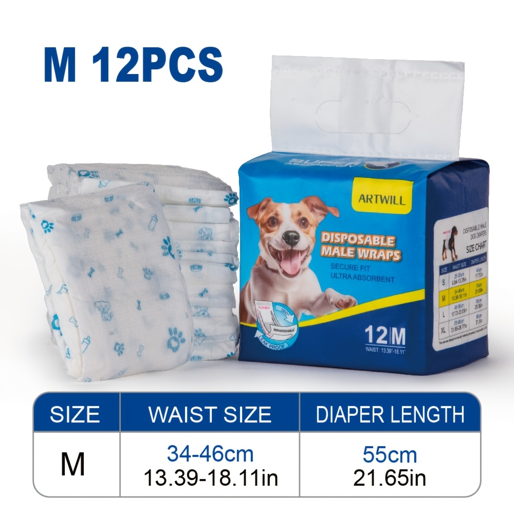 TEMU Artwill 12-pack Disposable Male Dog Diapers, Instant Absorption And Dry, Keeping Your . Suitable For Puppies, Senior Dogs, Post- Recovery, And
