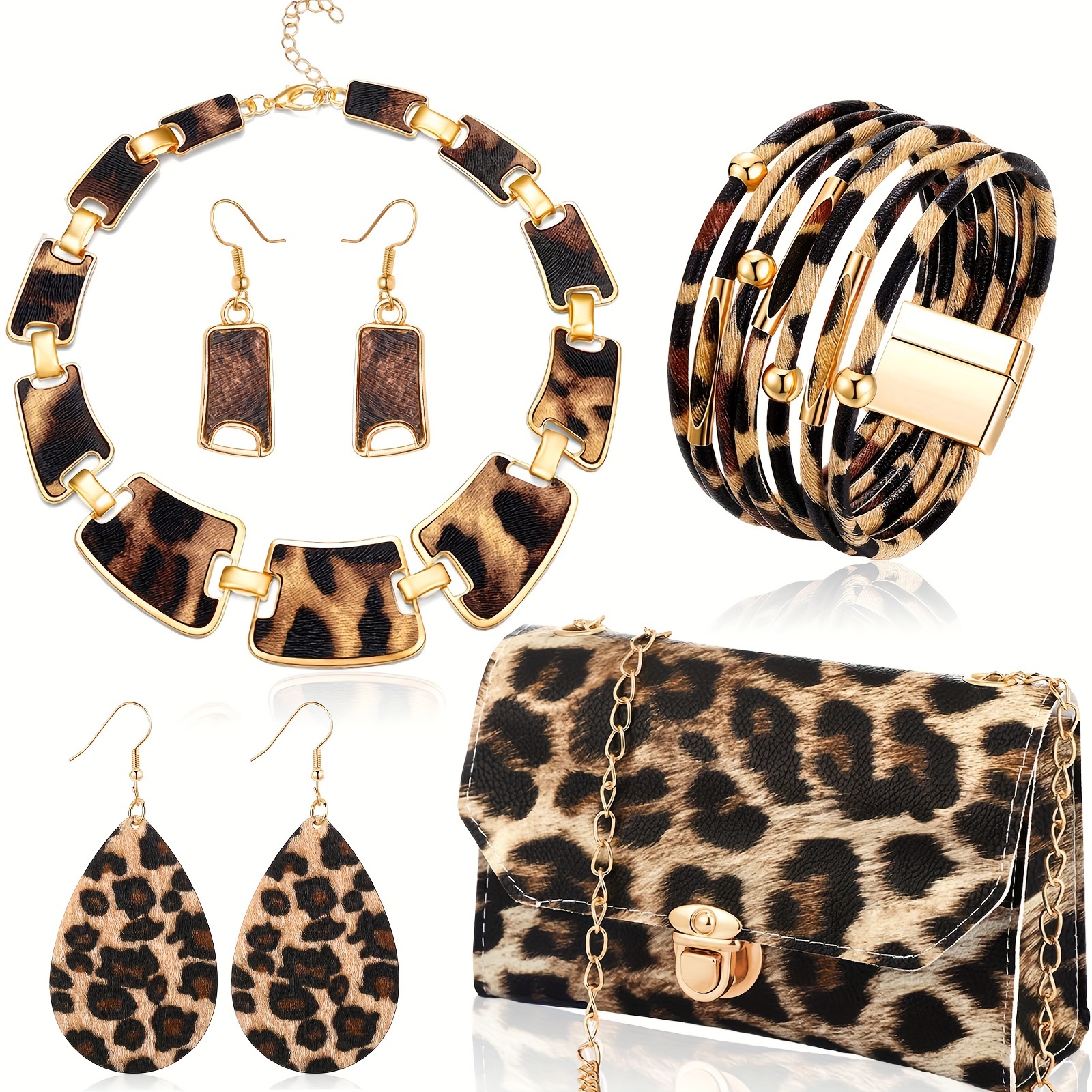 

5-piece Leopard Print Jewelry Set For Women - Statement Earrings, Bracelets, Necklace With Tassel Pendant, Clutch Purse - Street Style, Daily & Vacation Wear, All Seasons Accessory Kit