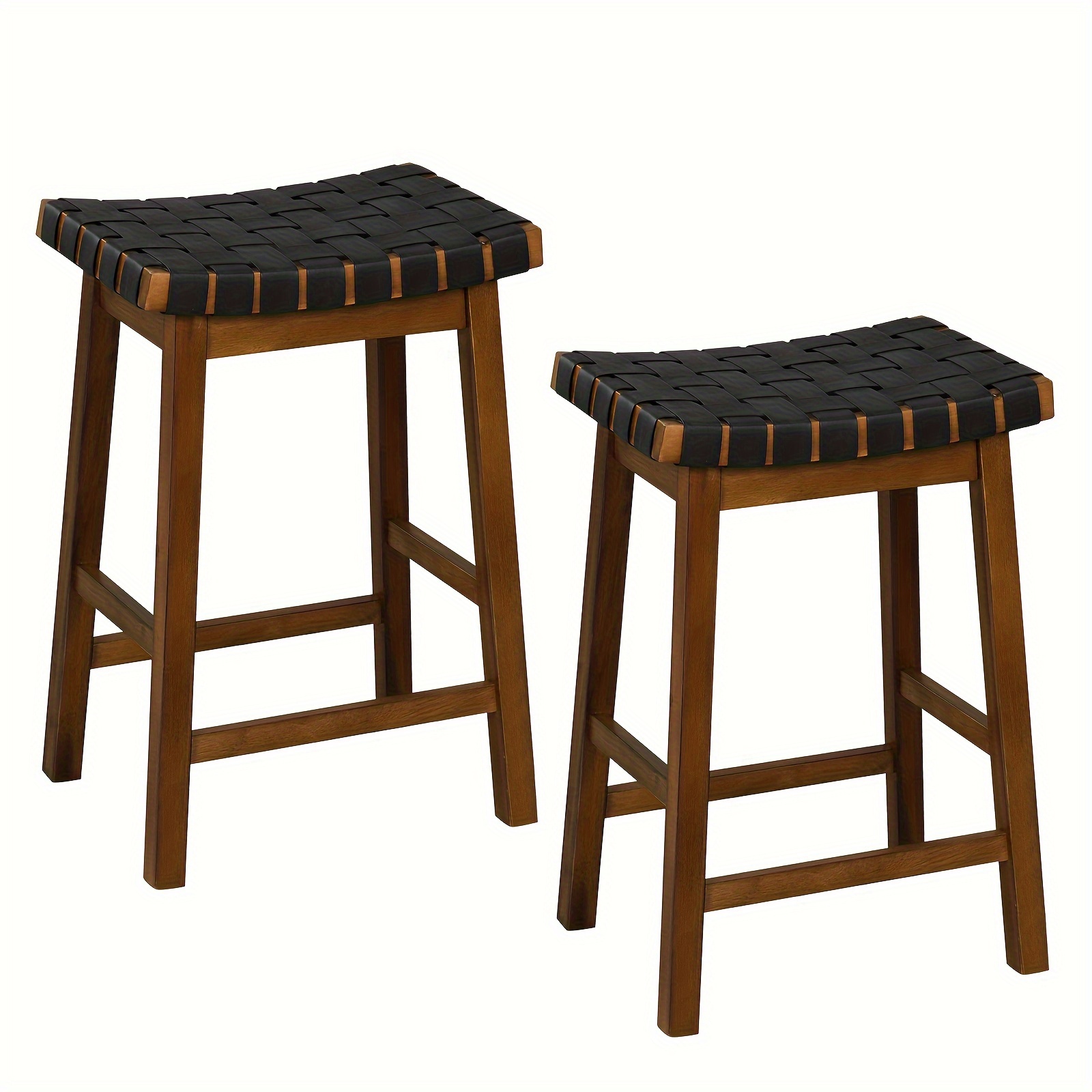 

Set Of 2 Faux Leather Woven Counter Stool, 25.5" Height Backless Weave Wood Frame Bar Stools, For Kitchen Island, Dark Grey