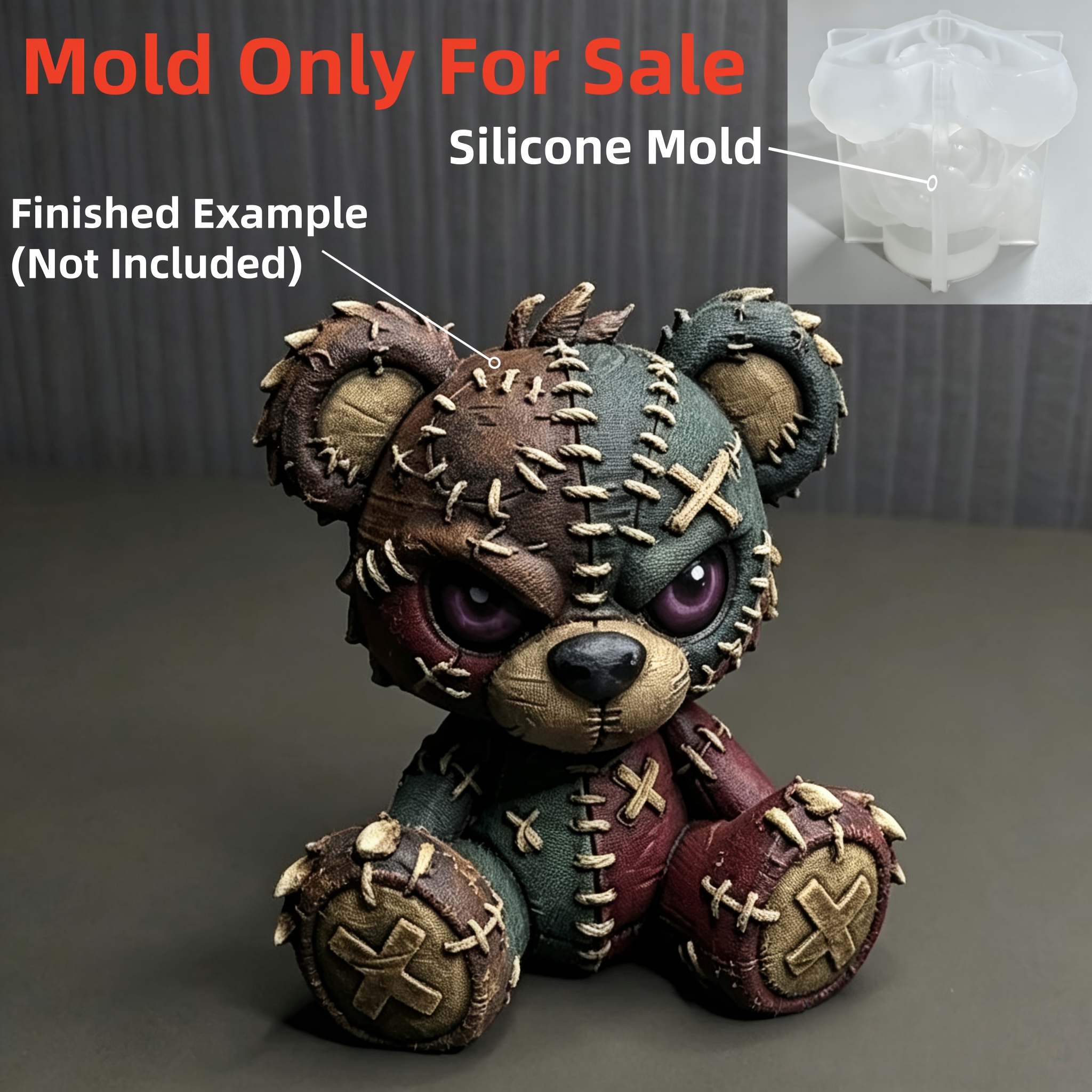 E-shop 3D Teddybär Silikonform, Gothic Patchwork Bär Harzform für Kerzen, Seife, Gips, Harzkunst, , Handgefertigte Bastelarbeiten, Form
