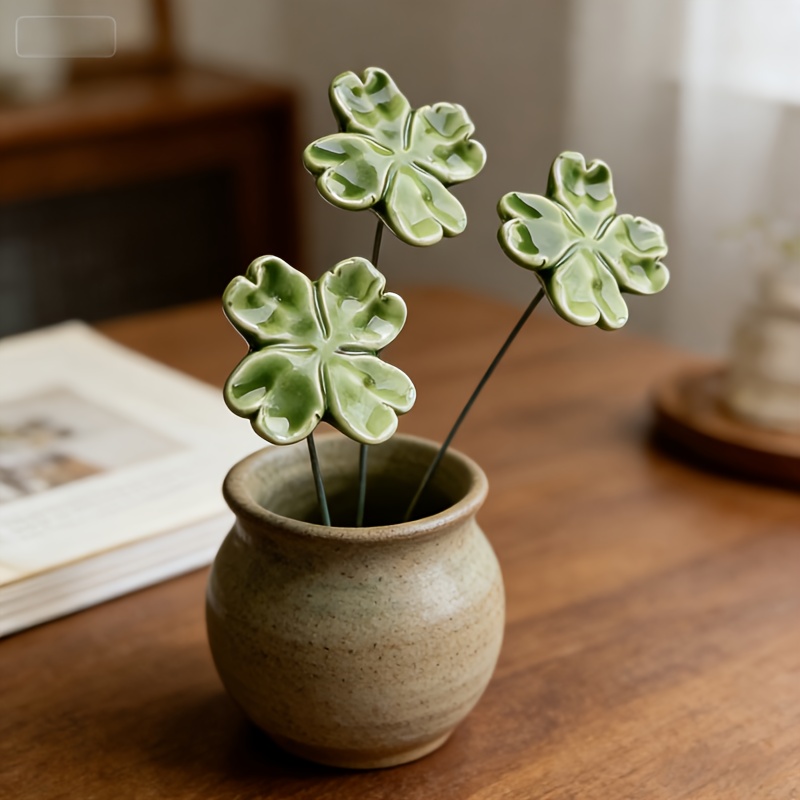 E-shop 3 Stück "Glück, , Glaube Liebe" handgeworfene Keramik-Vierblättrige Kleeblätter, Glücksbringer Keramikblumen, handgefertigte Keramik-Kunst, nie