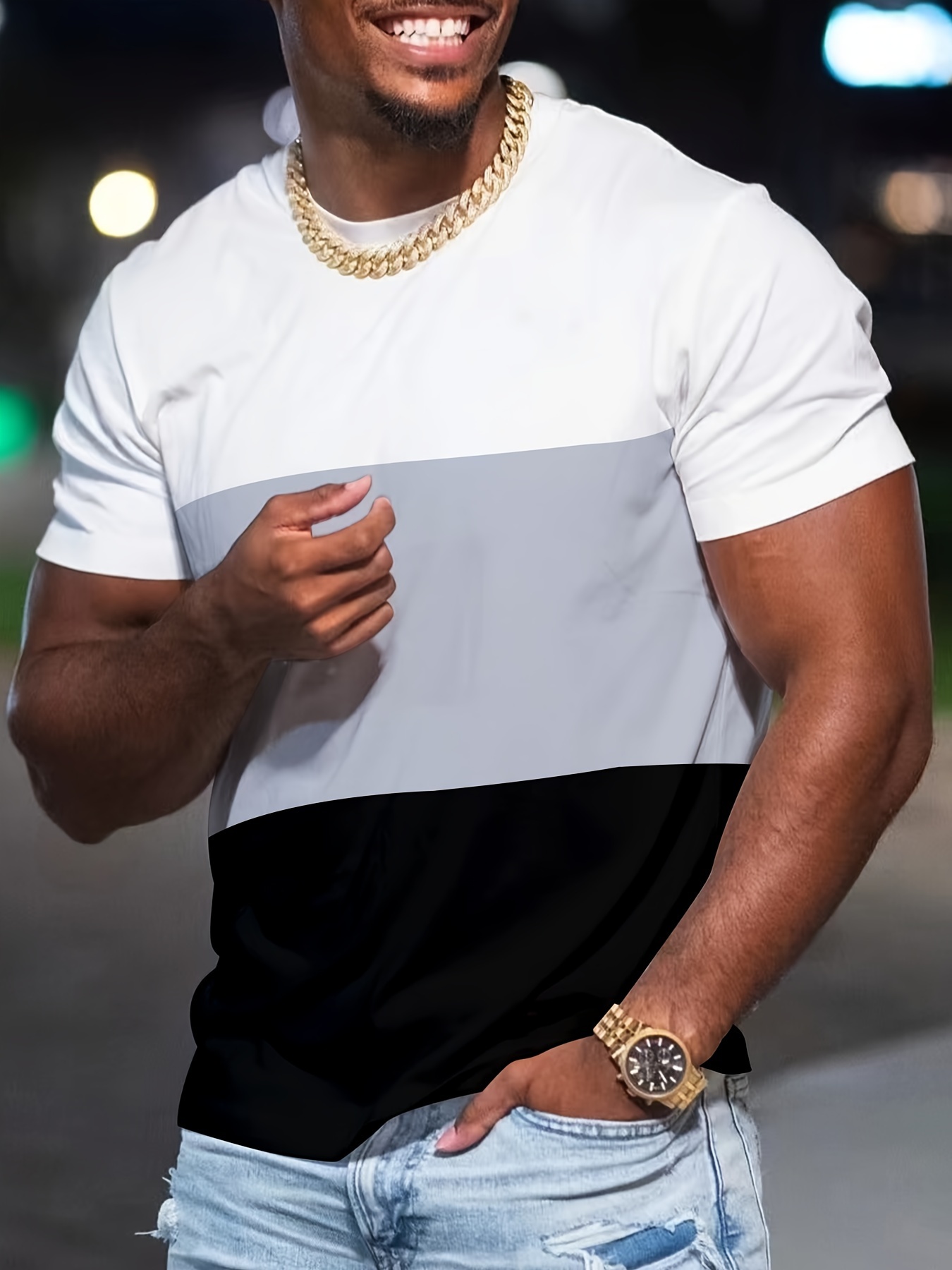 MBDMBD Men's Slim Fit Color Block T-Shirt - Casual, Stretchy Polyester Blend, Crew Neck, Machine Washable - Summer Essential in Black, Pink, and White