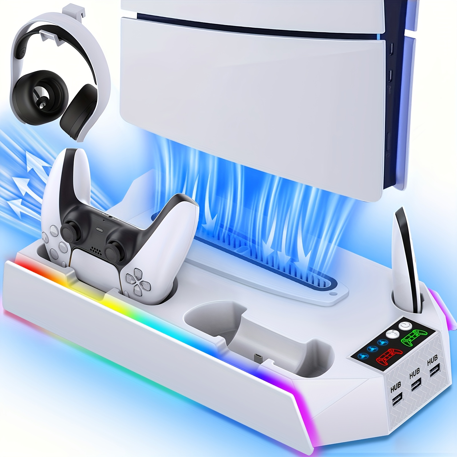 For Ps5/slim/ Disc & Digital Console, Rgb Cooling & Charging Station With 3-level Fan, Controller Charger For Ps5 Controller, Accessories With 3 Usb Ports/cooling Fan/headset Holder