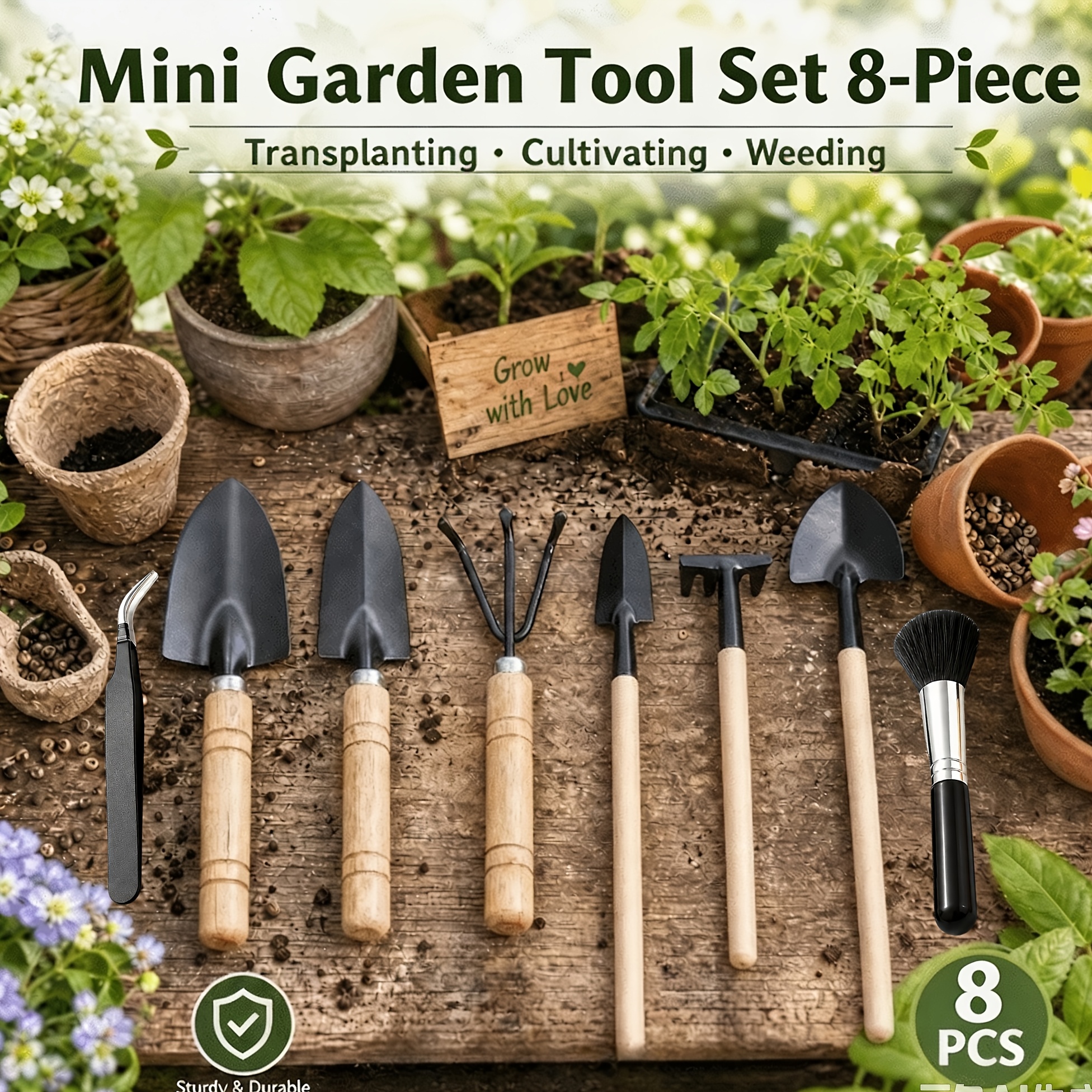 TEMU 8pcs Mini Gardening Tool Set - For Planting Potted Plants And Small Gardening Tasks - Wooden Handles For Transplanting Seedlings, Cultivating,