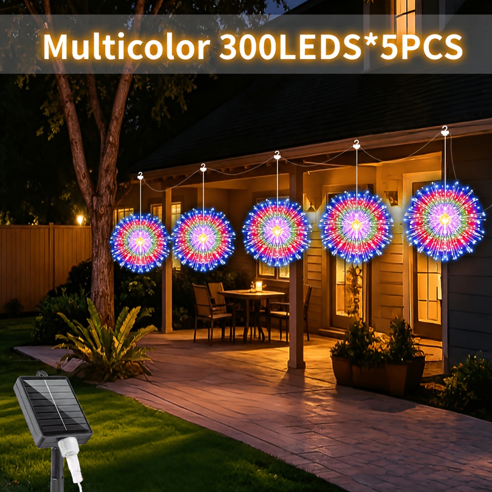 TEMU 5/4pcs Solar Suspended Fireworks Light String, Christmas String Lights, Including 300/240 Leds, 8 , Light Sensing Switch, Smart Light, Suitable