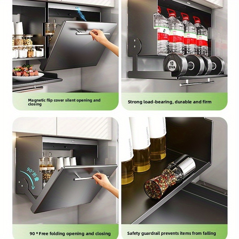 Wall-Mounted Kitchen Storage Cabinet with Pull-Down Double Layer Shelves - Carbon Steel Spice Rack Organizer, Space-Saving Clamshell Design for Utensils, Food Prep & Countertop Organization