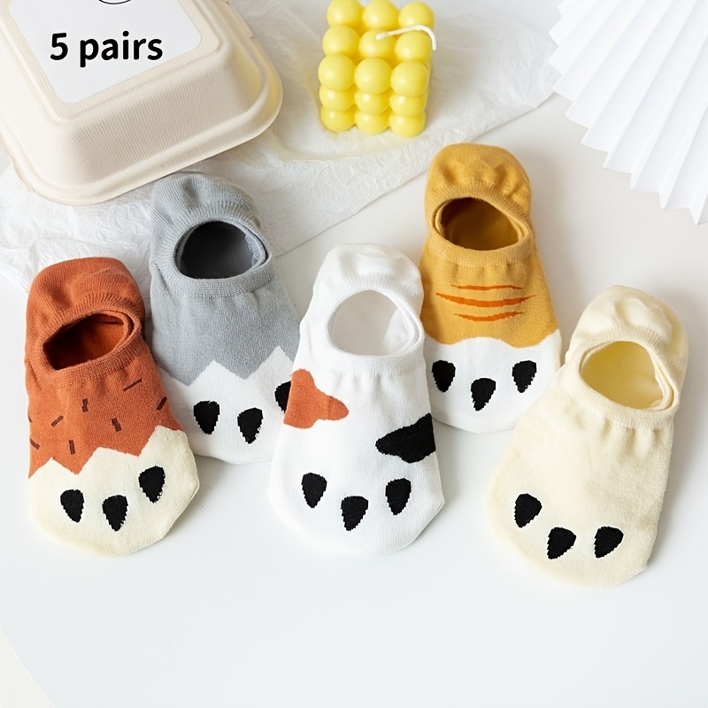 TEMU Lot de 5 paires de chaussettes invisibles pour femme avec imprimé de pattes de chat de dessin animé, printemps/été, chaussettes basses douces et