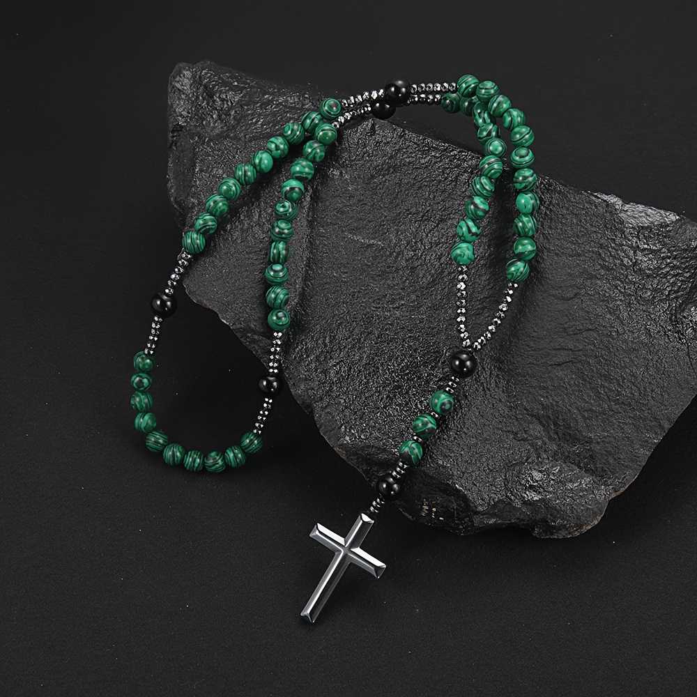 Stone Round Bead Cross Pendant Necklace For Women And Men