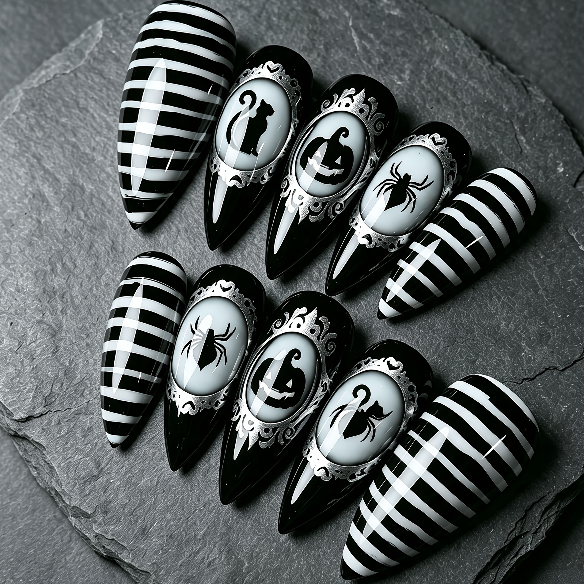 TEMU 30pcs Gothic Halloween Black And White Striped Press-on Nails, Almond Shape With Black Cat Pumpkin Design, Party Cosplay False Nails
