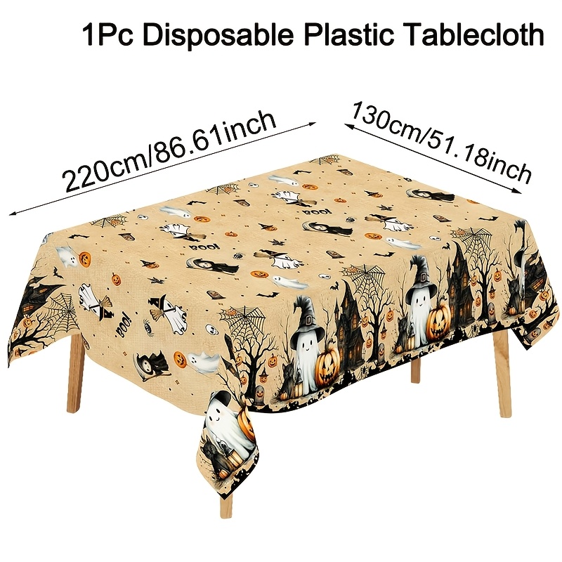 TEMU 1pc 220x130cm Vintage Spooky Plastic Tablecloth Suitable For Rectangle Tables, Disposable Castle & Pumpkin Web Table Cover For Halloween Party