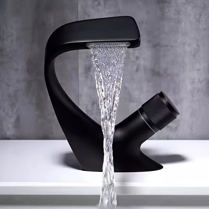 Image of All Copper Black Washbasin Waterfall Faucet Hot And Cold Bathroom Basin Faucet Under Counter Basin Single Hole Faucet