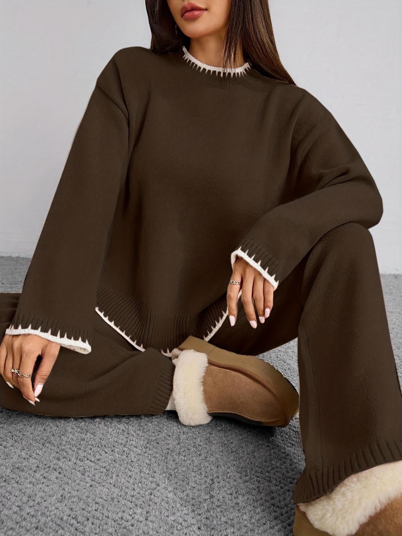 ZD0505906 Women's Two-Piece Set, Casual Elegant Loose Round Neck Contrast Pullover Sweater and Solid Color Pants for Spring Autumn Winter