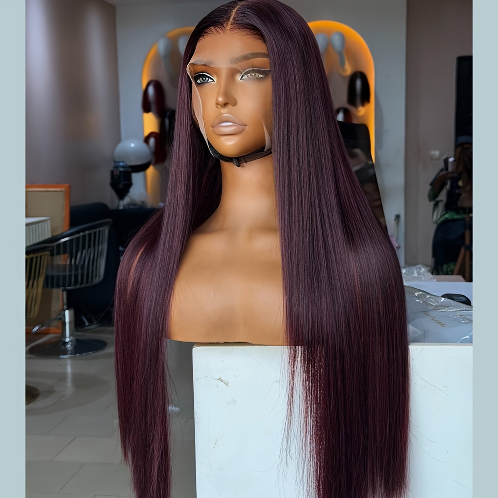 Image of 99j Burgundy Glueless Lace Front Wig Suitable For Women - 13x4 Free Part Synthetic Hair Wig With Burgundy Color, Long Straight Wigs For Daily Wear, Parties, Suitable For & Hair Types
