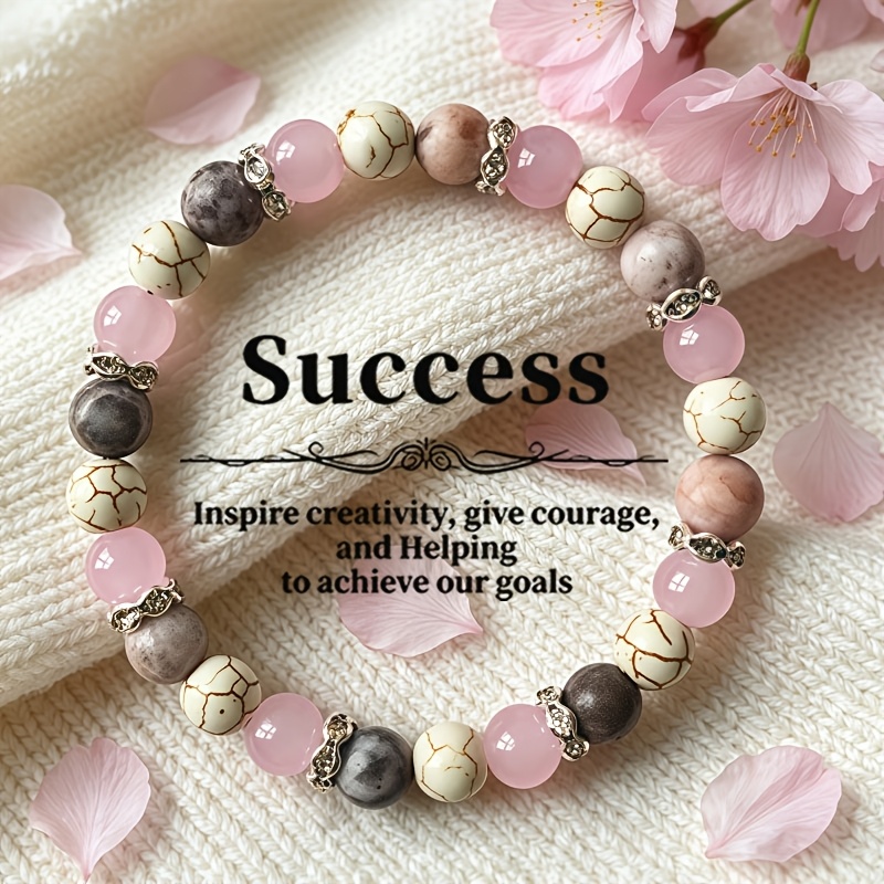 TEMU 1pc Natural Stone Powder Zebra Success Bracelet, Stimulating Creativity, Giving , And Helping Our Goals, Handmade Elastic Spiritual Jewelry,