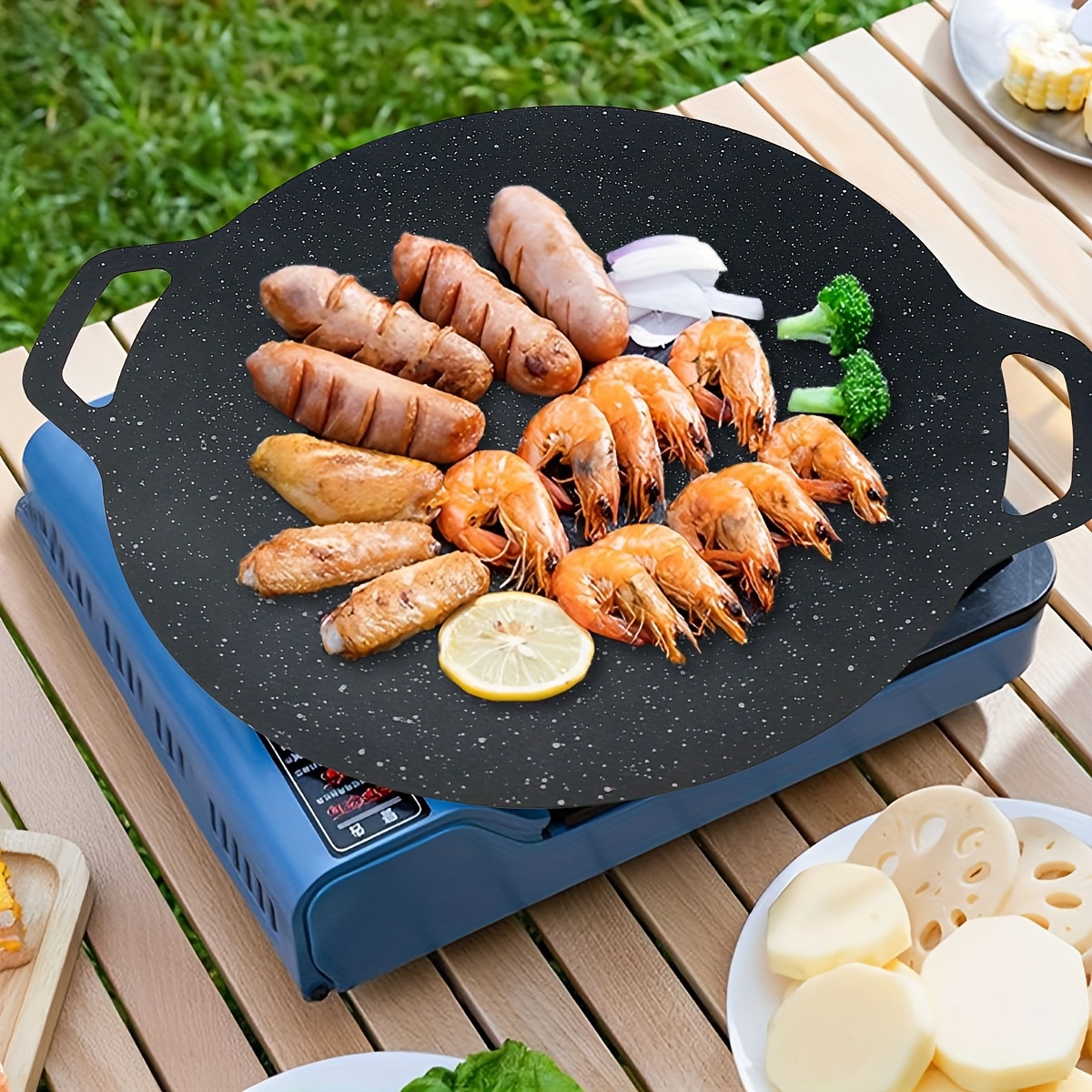 11 8 non stick cast iron bbq pan with dual handles   outdoor camping home use easy clean details 10