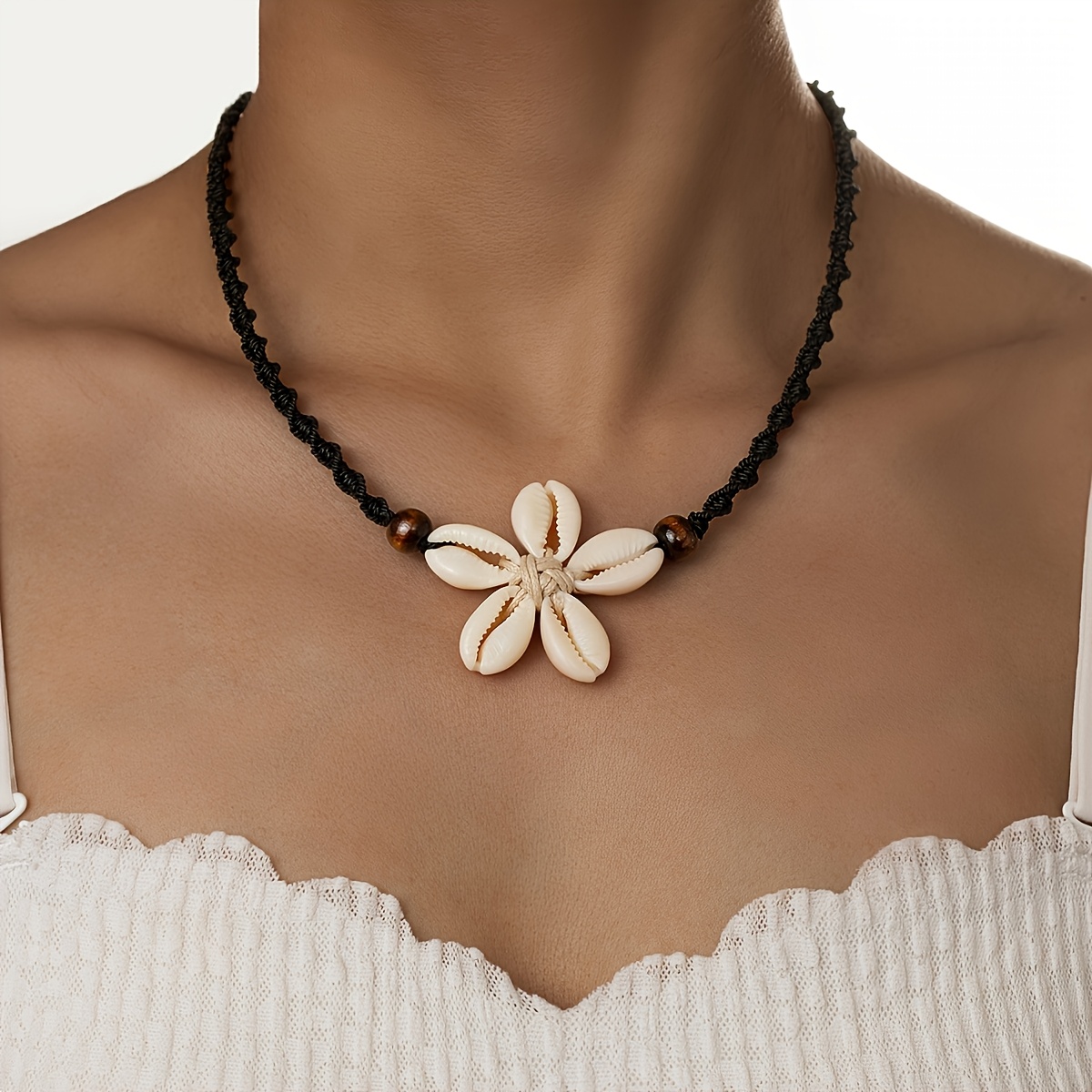 TEMU A Handmade Adjustable Necklace For Women Featuring Beach Shells And Flowers, Everyday Wear And Gifting