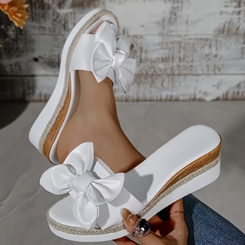 

Women's Bowknot Decor Wedge Heeled Sandals, Casual Open Toe Platform Shoes, Comfortable Slip On Sandals