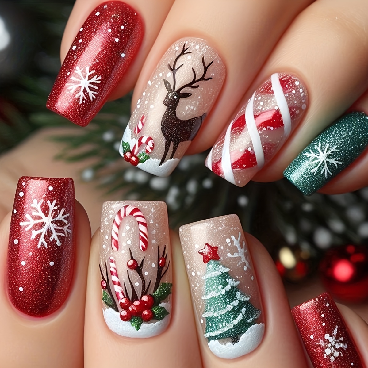 TEMU 24pcs Suitable For Christmas & Winter - Short/medium Length Fake Nails With Snow, Tree, & Gift Patterns, Glossy Pre-manicure With Jelly Glue &