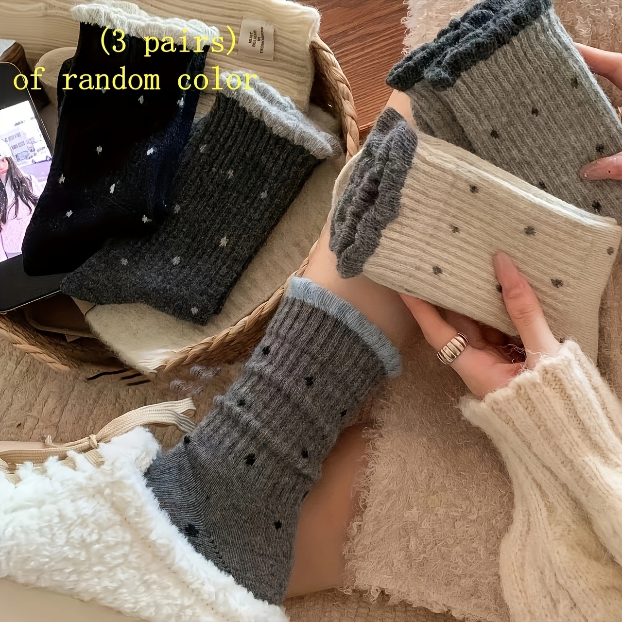 Image of 3 Pairs Women's Socks, Gentle Lace Long Retro Dopamine Pile New Wide Mouth, Spring And Summer Casual Socks, Random Color