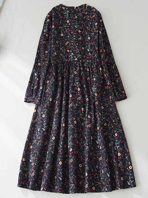 womens autumn retro floral long sleeve dress small stand collar waist tie flared maxi skirt literary loose casual commuter over the knee dress