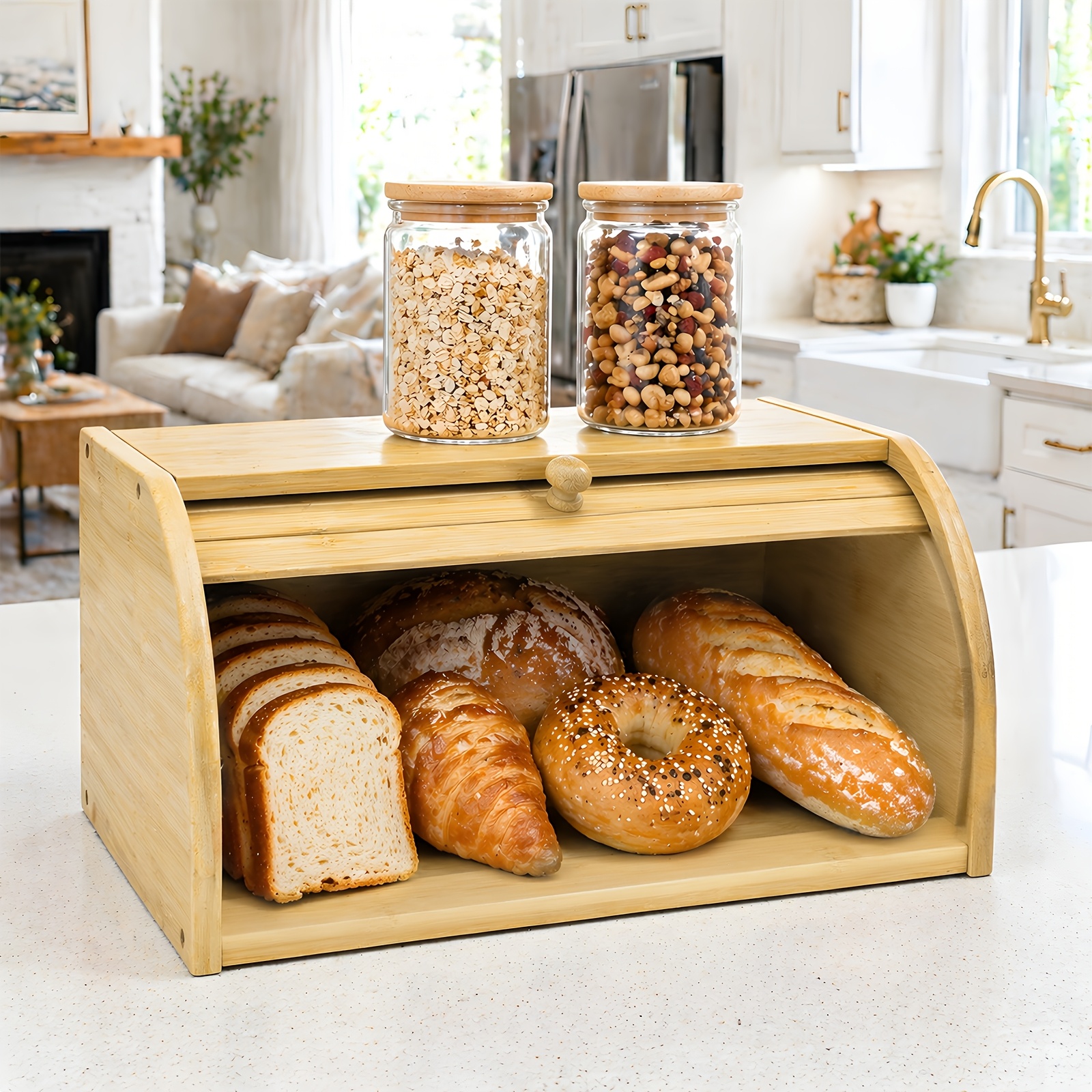 TEMU Bamboo Bread Box For Kitchen Counter, Large Capacity Bread Storage Container With Roll Top Lid, Bread Keeper For Homemade Bread, & Pastries
