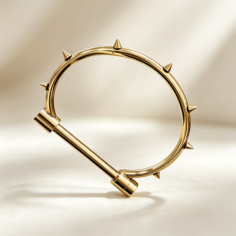 Women's Gothic Style D-Ring Rivet Bangle Bracelet, Stainless Steel