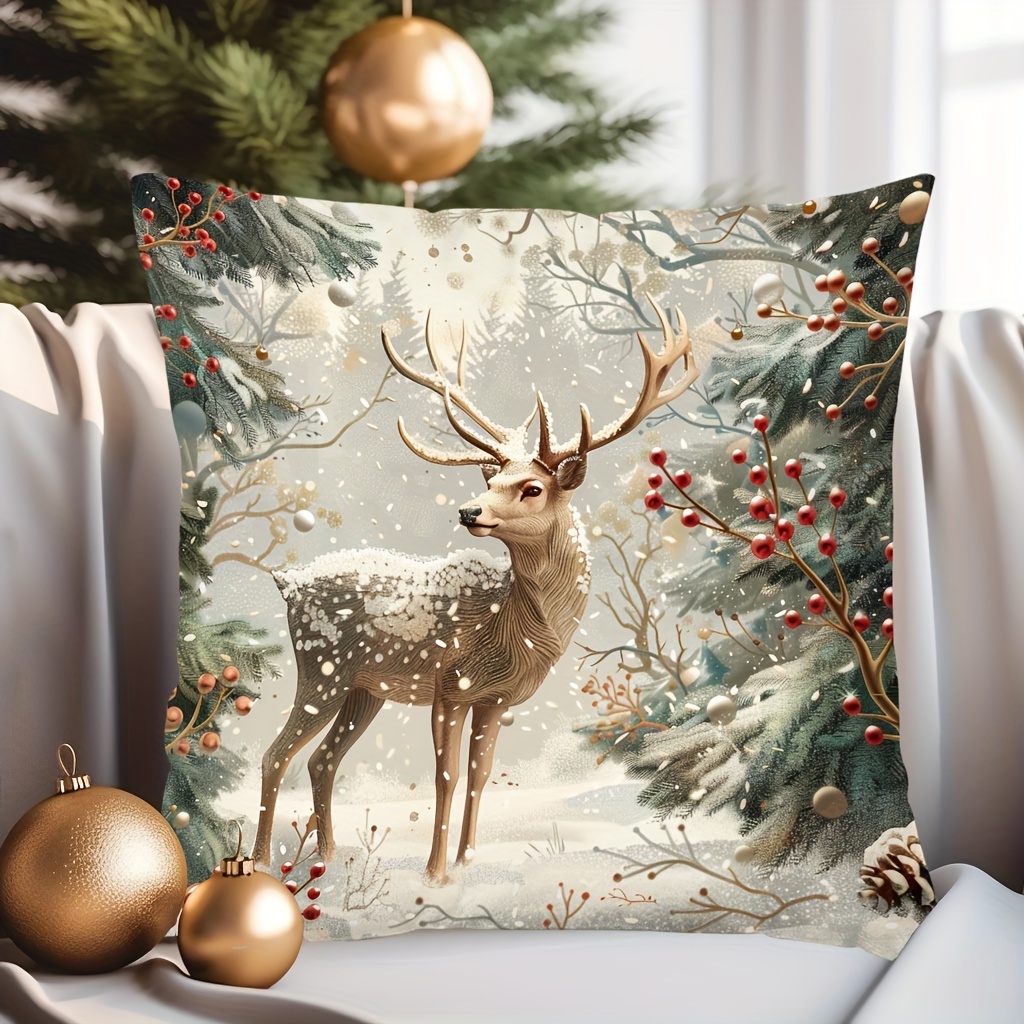 

Christmas Throw Pillow Cover 17.7 X 17.7 Inch - Contemporary Style Zippered Cushion Case With Winter Deer & Snow Scene, Hand Washable Digital Print Polyester Decor For Various Room Types - 1pc