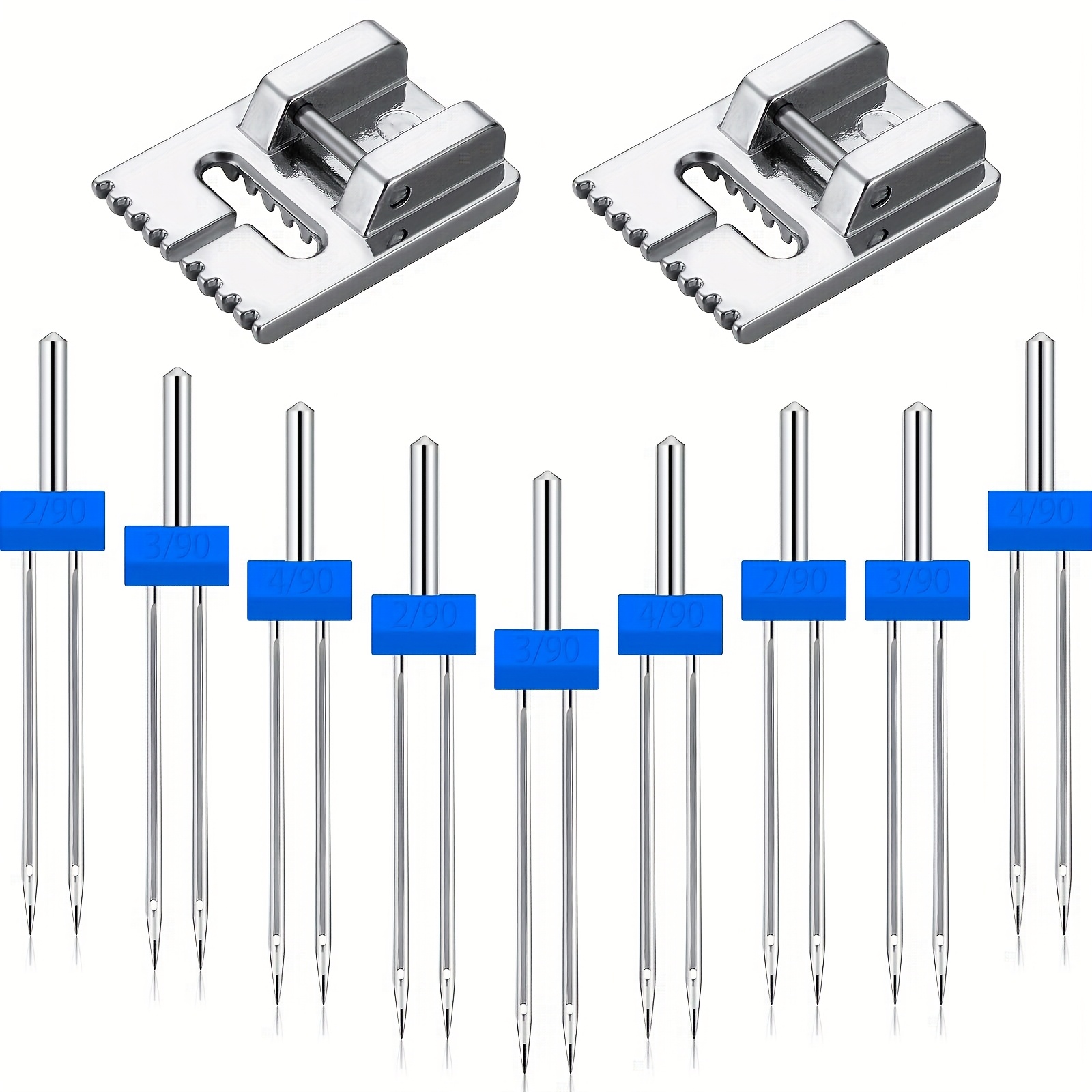 12pcs Sewing Machine Twin Needle Double Stretch Twin Needle Pins With 2pcs 9 Pintuck Presser Foot For Household Sewing Machine Additions, 3 Sizes Mixed 2.0/90, 3.0/90, 4.0/90