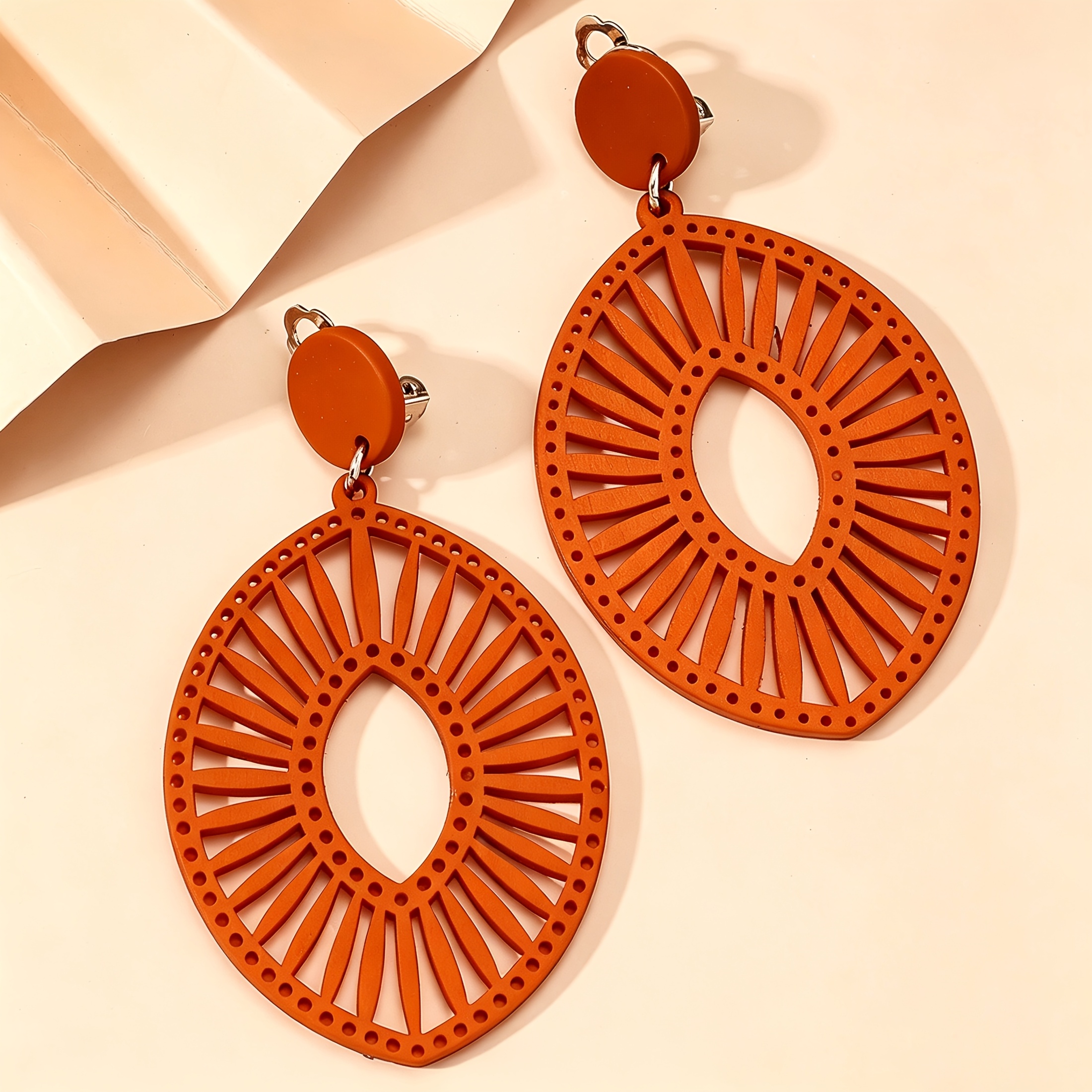 TEMU European And Bohemian Style Geometric Wooden Earrings For Women, Fashion Clip-on Pair
