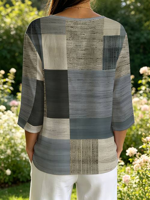 minimalist color block v neck t shirt with three quarter sleeves fabric versatile casual wear for spring summer and autumn
