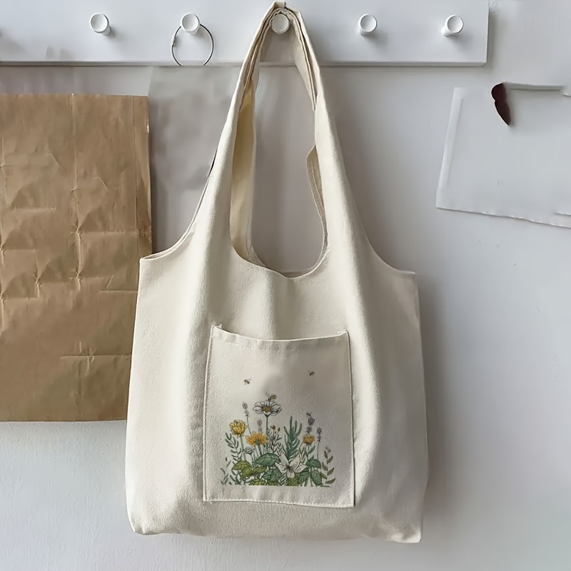 

Beige Canvas Tote Bag With Botanical Flower Print, Large Capacity Shopping Bag, Ideal For Everyday Essentials & School Supplies Storage, Unisex, Pastoral Style