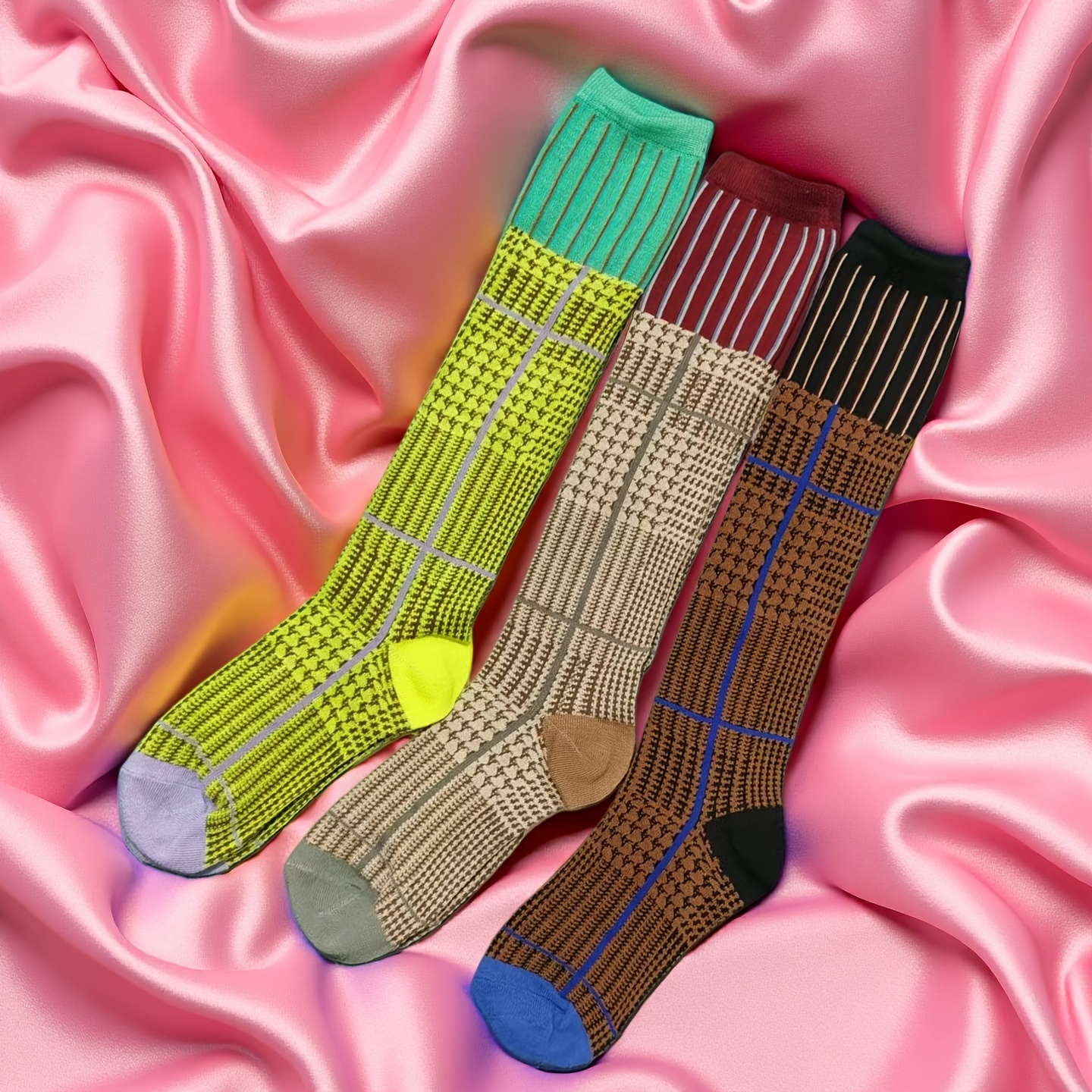 TEMU 3 Pairs Of Knee-high Socks For Women, Featuring A Stylish Color- Pattern Suitable For Spring And Autumn