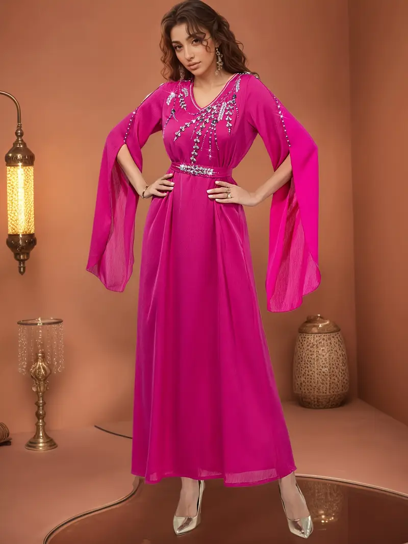 arabic casual dress Elegant Arabic Style Casual Colorblock Long Sleeve Loose Dress, Modest Kaftan